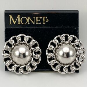 New Monet Silver Clip-On Earrings Chain Border Dome Statement Jewelry